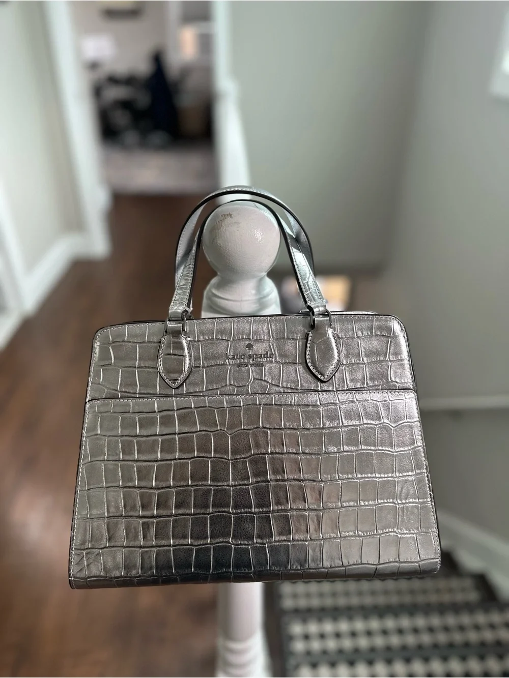 kate spade Silver Metallic Croc-Embossed Top-Handle Briefcase